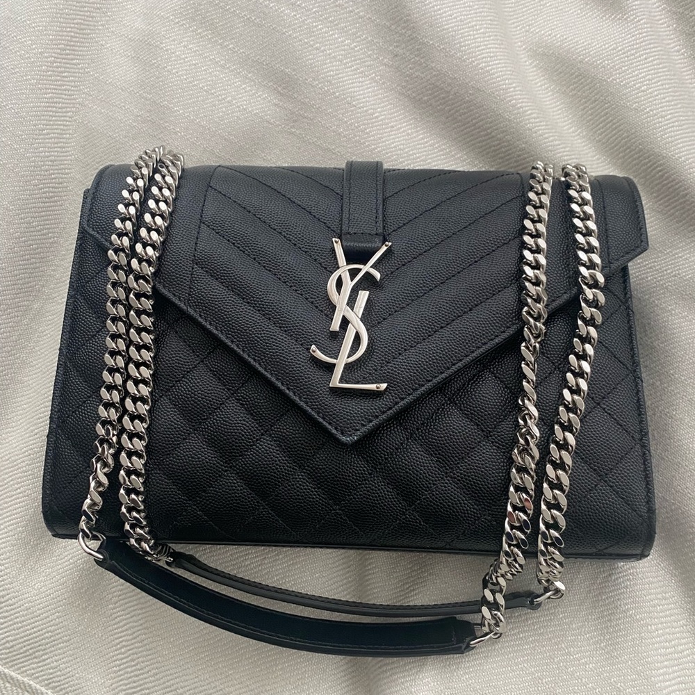 YSL medium envelope chain bag in mix matelasse grain de poudre embossed leather